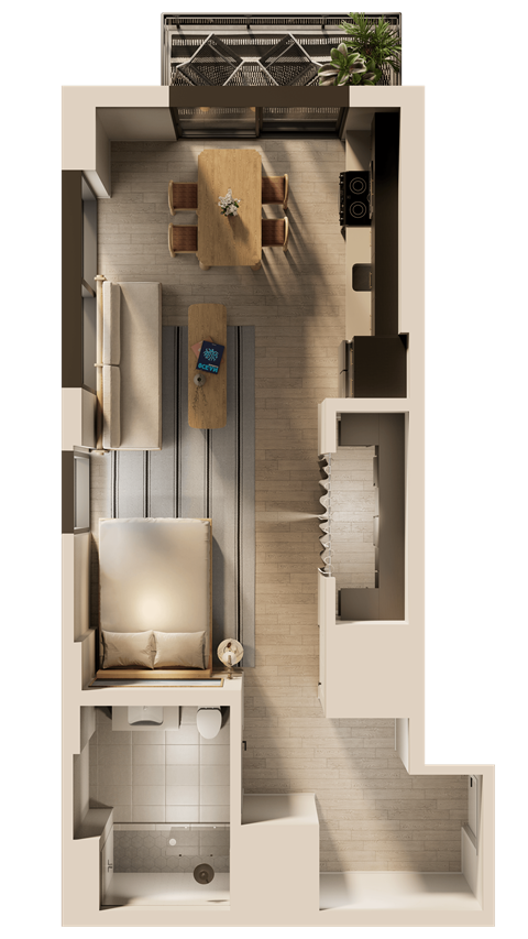 Floor plan for studio, 1 bath, 605 sqft